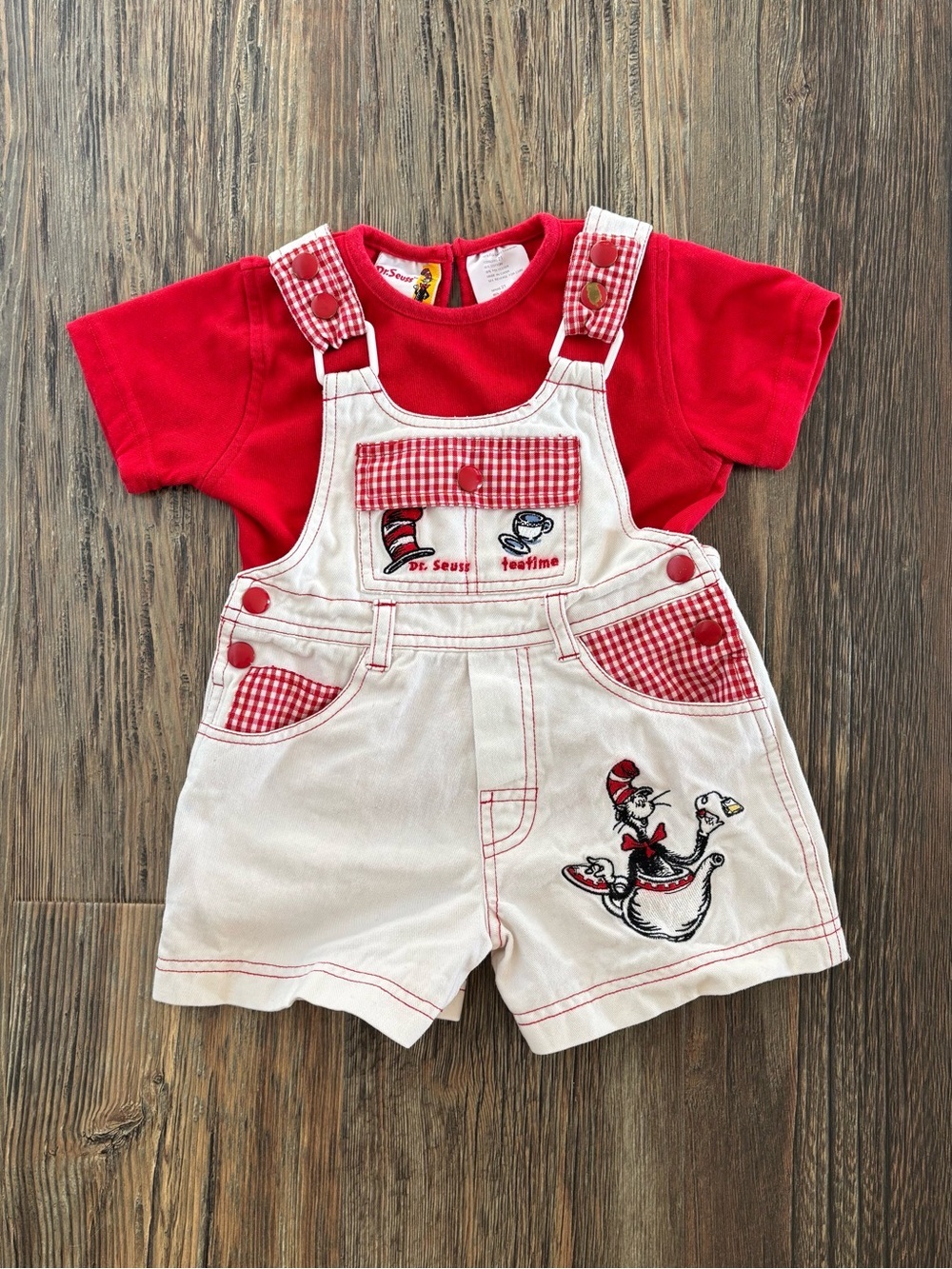 Y2K Dr Seuss Cat In The Hat Short Overalls Shortalls 2-Pc Set 2T Gingham Teatime